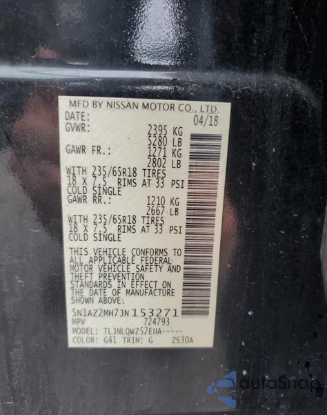 2018 Nissan Murano S из США, поврежденный, VIN 5N1AZ2MH7JN153271